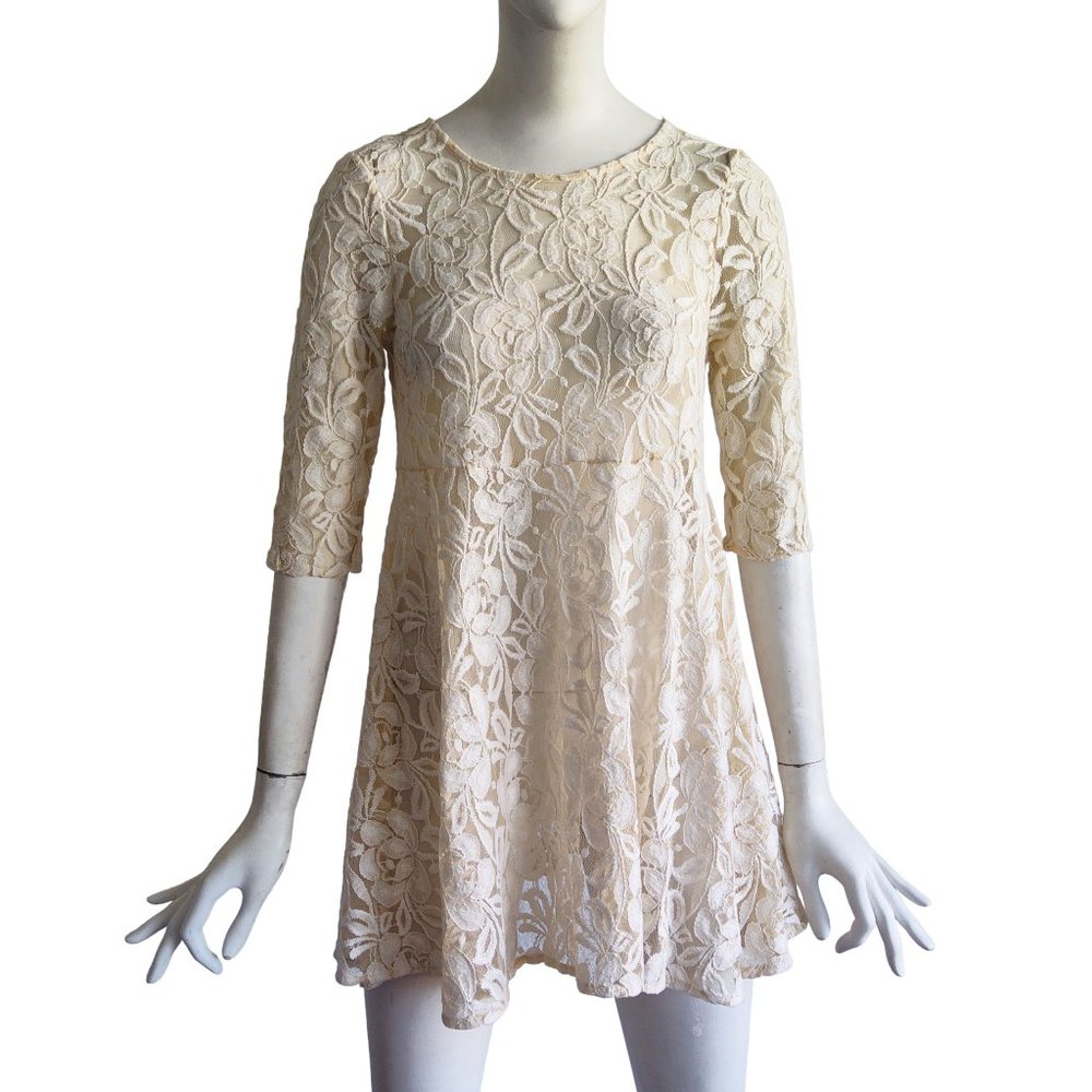 FREE PEOPLE Romantic Boho Ivory Floral Lace Babydoll Tunic Mini Dress Sz XS